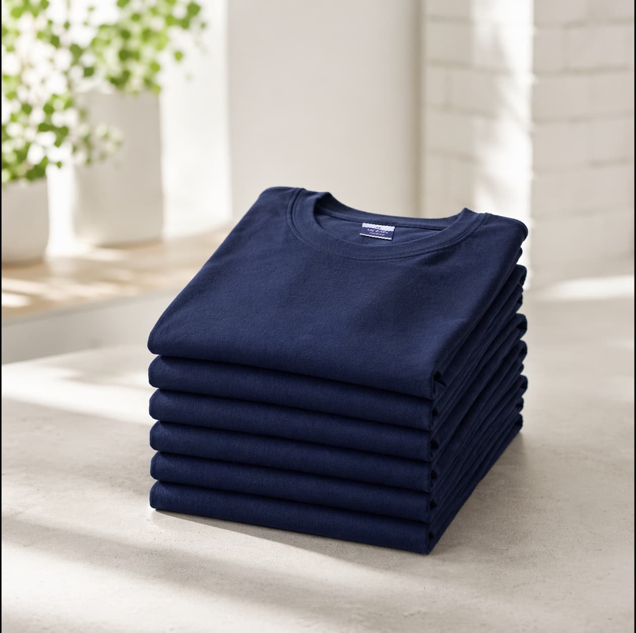 Folded navy shirts stacked for reseller stock